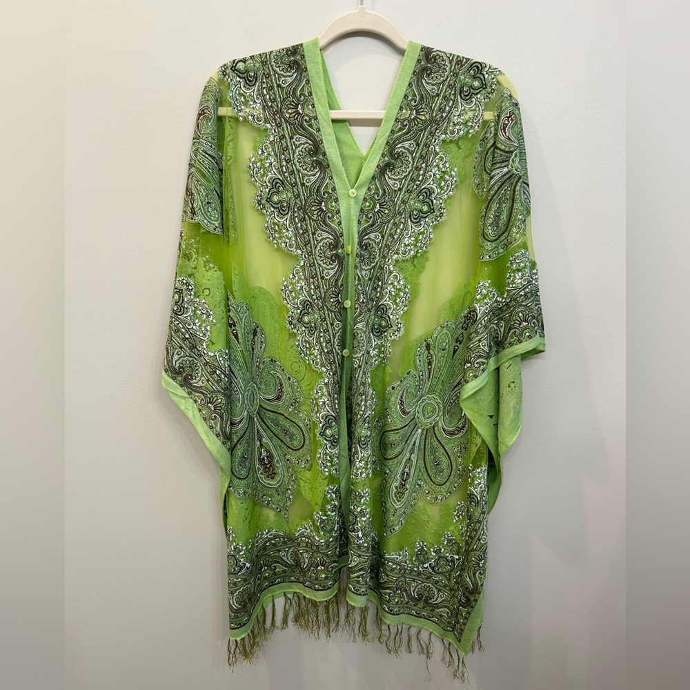 Green Sheer Kimono Kraften Paisley Design Fringe Sparkle Free Size Fairy
